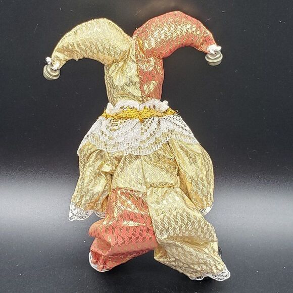 Vintage Bendable Porcelain Gold Red Lace Bells Harlequin Jester Clown Figurine - Picture 5 of 8
